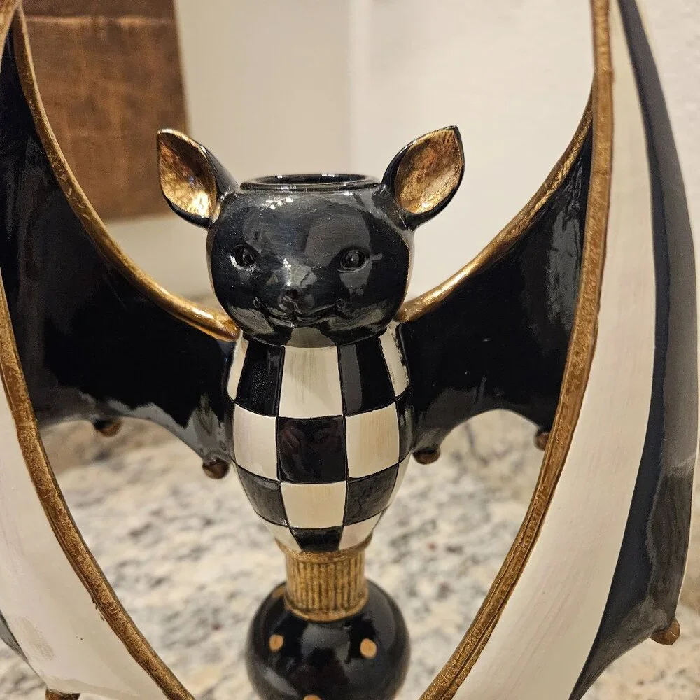 RARE MACKENZIE CHILDS HALLOWEEN BAT COURTLY CHECK FALL TAPER CANDLE HOLDER